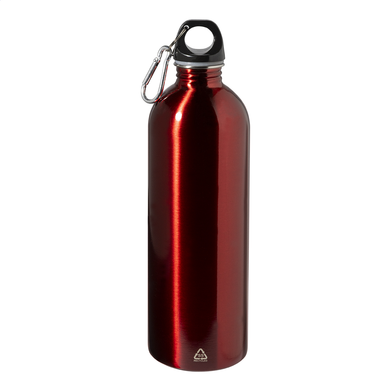 Borraccia in acciaio riciclato con capacità di 750ml e moschettone in alluminio — gadget promozionale personalizzabile con il tuo logo