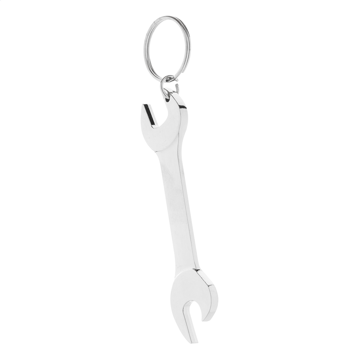 Portachiavi con apribottiglie in metallo a forma di chiave inglese, fornito in scatola di cartoncino kraft — gadget promozionale personalizzabile con il tuo logo