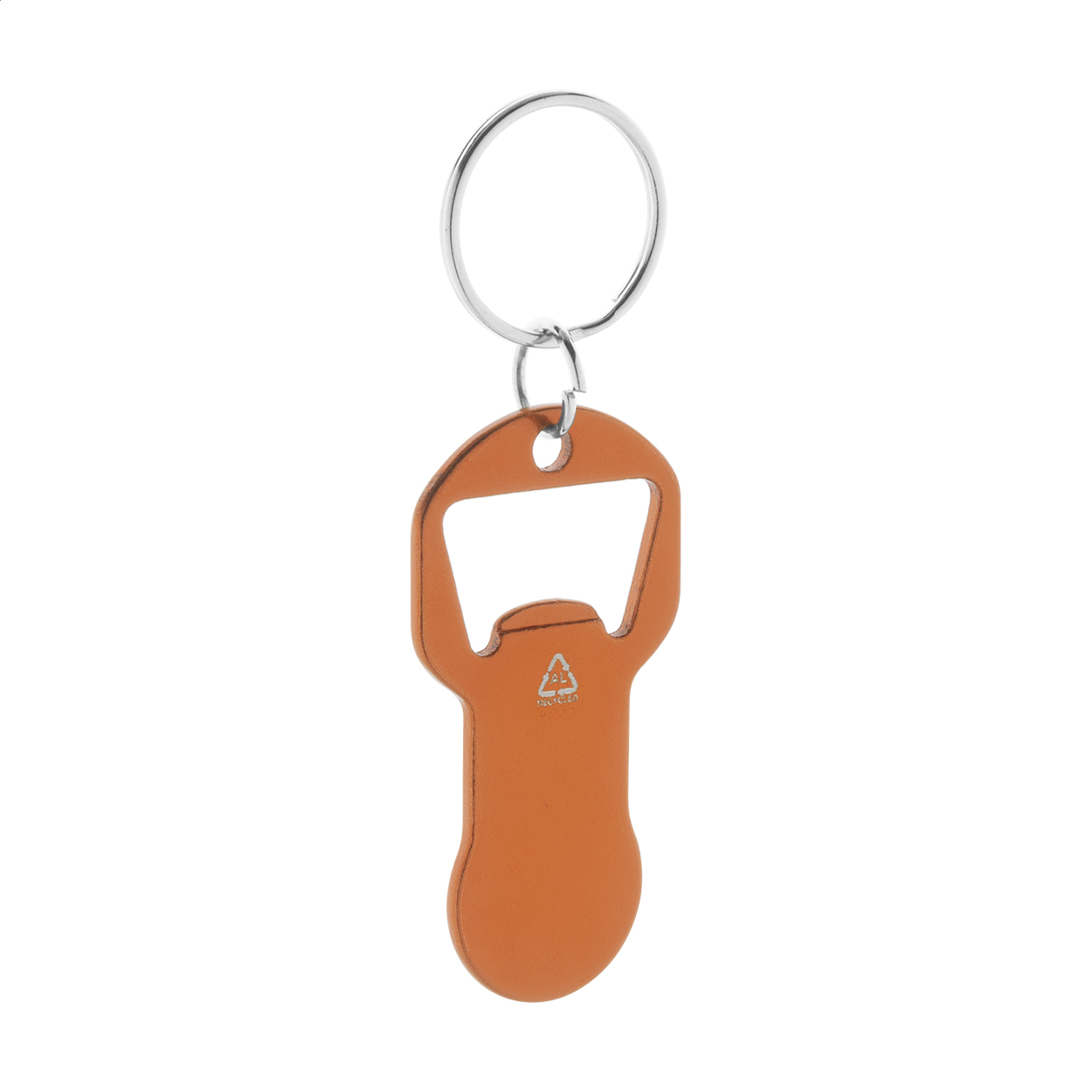 Portachiavi con apribottiglie in alluminio riciclato ed inserto moneta per il carrello della spesa — gadget promozionale personalizzabile con il tuo logo