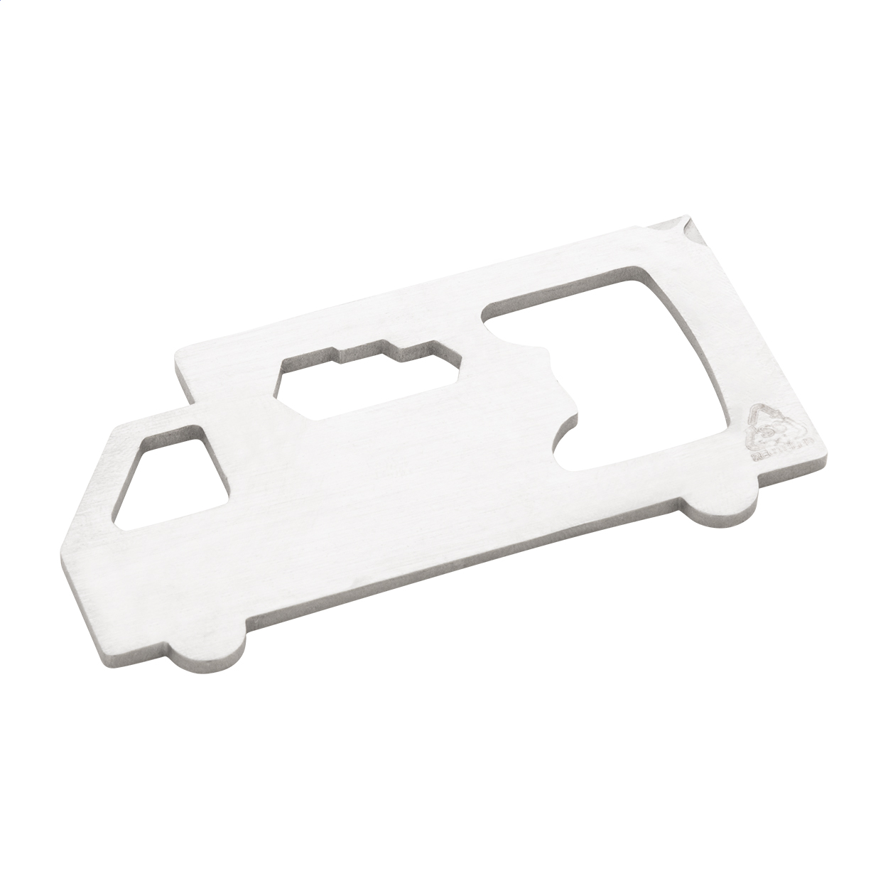 Multi utensile in acciaio inox riciclato a forma di camion con apribottiglie, cacciavite a croce e 3 chiavi piatte — gadget promozionale personalizzabile con il tuo logo