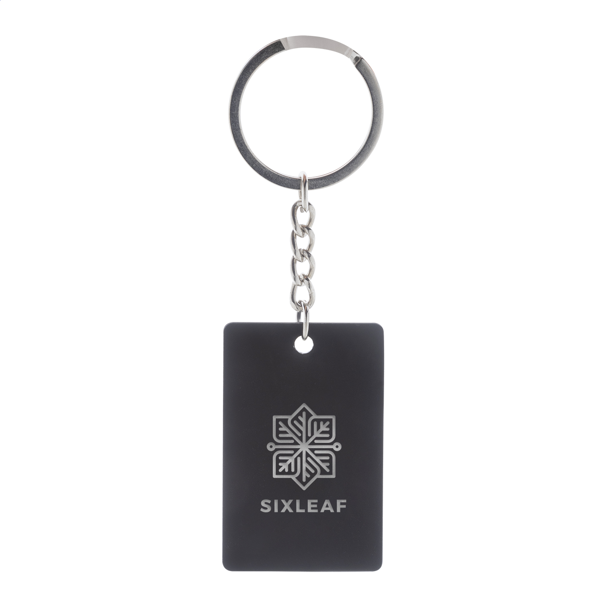 Portachiavi in acciaio riciclato a forma di rettangolo con finitura gommata — gadget promozionale personalizzabile con il tuo logo