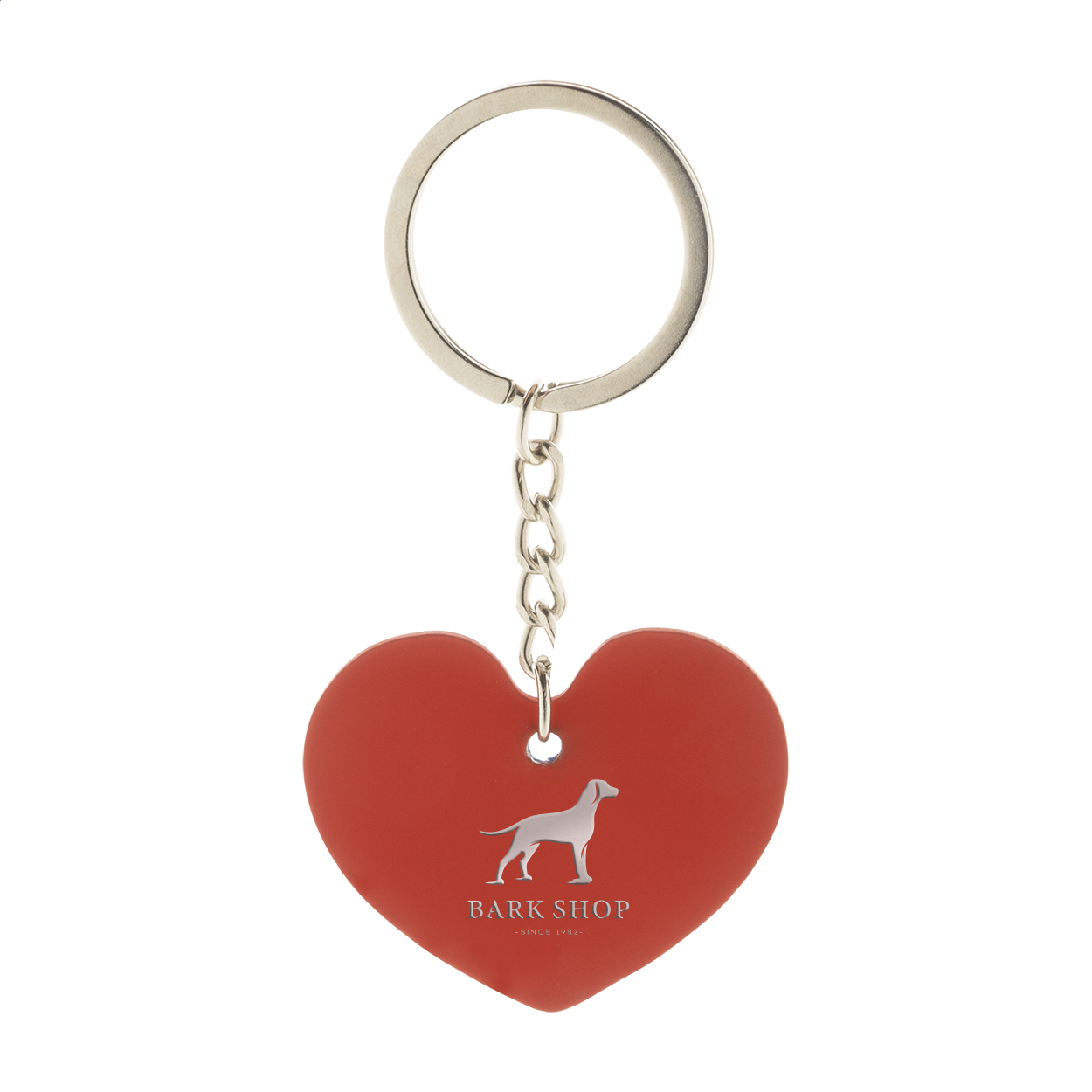 Portachiavi in acciaio riciclato a forma di cuore con finitura gommata — gadget promozionale personalizzabile con il tuo logo