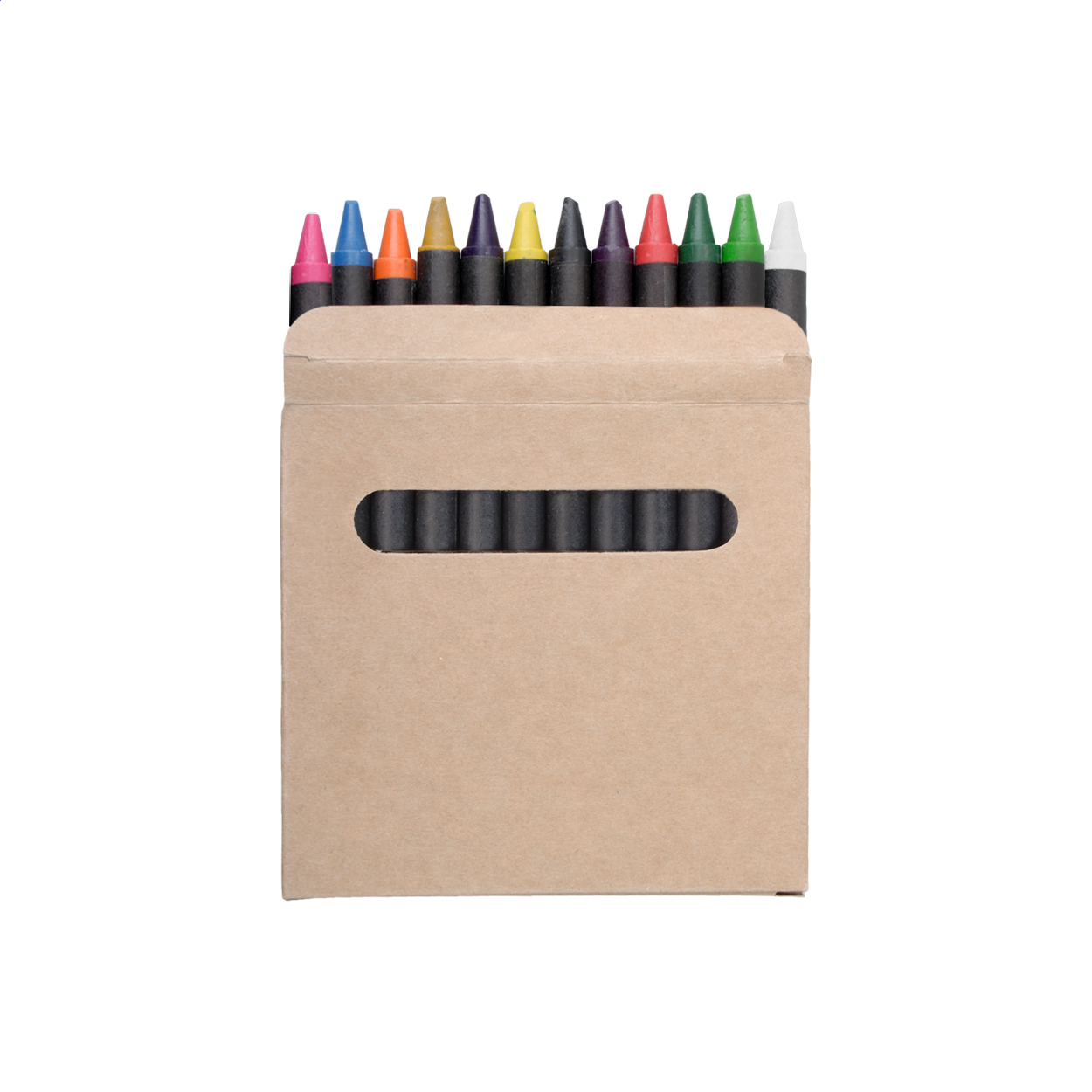 Set 12 pastelli colorati confezionati in una scatola di cartoncino — gadget promozionale personalizzabile con il tuo logo