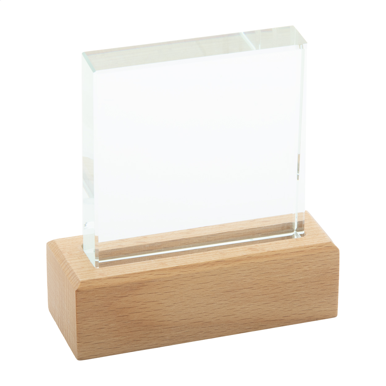 Trofeo in vetro con base in legno di faggio, completo di confezione regalo in cartoncino kraft — gadget promozionale personalizzabile con il tuo logo