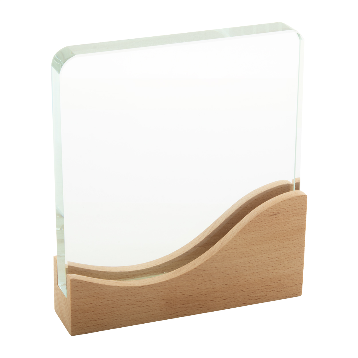 Trofeo in vetro con base in legno di faggio, completo di confezione regalo in cartoncino kraft — gadget promozionale personalizzabile con il tuo logo
