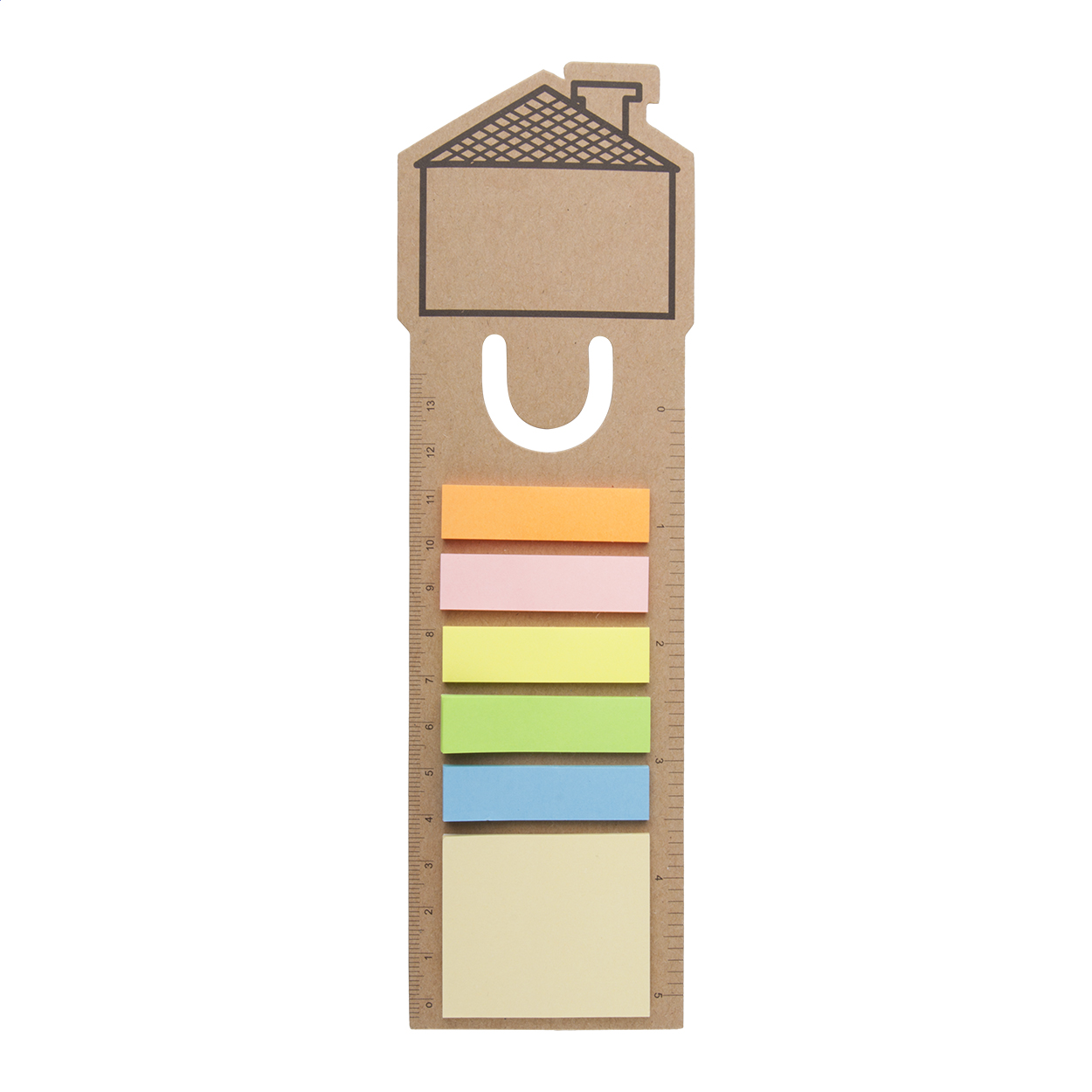 Segnalibro in carta a forma di casa con righello e con note adesive — gadget promozionale personalizzabile con il tuo logo