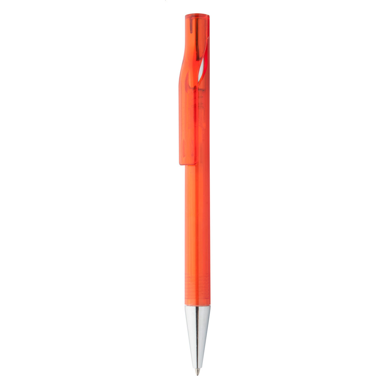 Penna a sfera in plastica di colore trasparente, con punta cromo e refill blu — gadget promozionale personalizzabile con il tuo logo