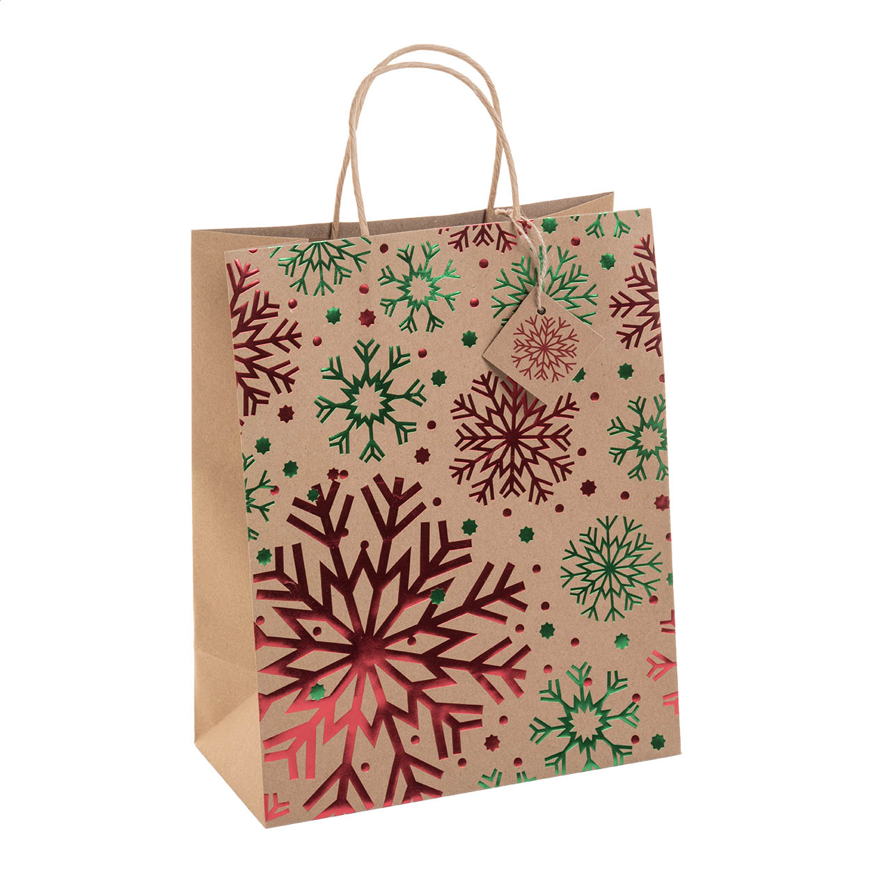 Sacchetto regalo in carta kraft riciclata con disegno natalizio stampato su lamina, manici ritorti ed etichetta regalo — gadget promozionale personalizzabile con il tuo logo