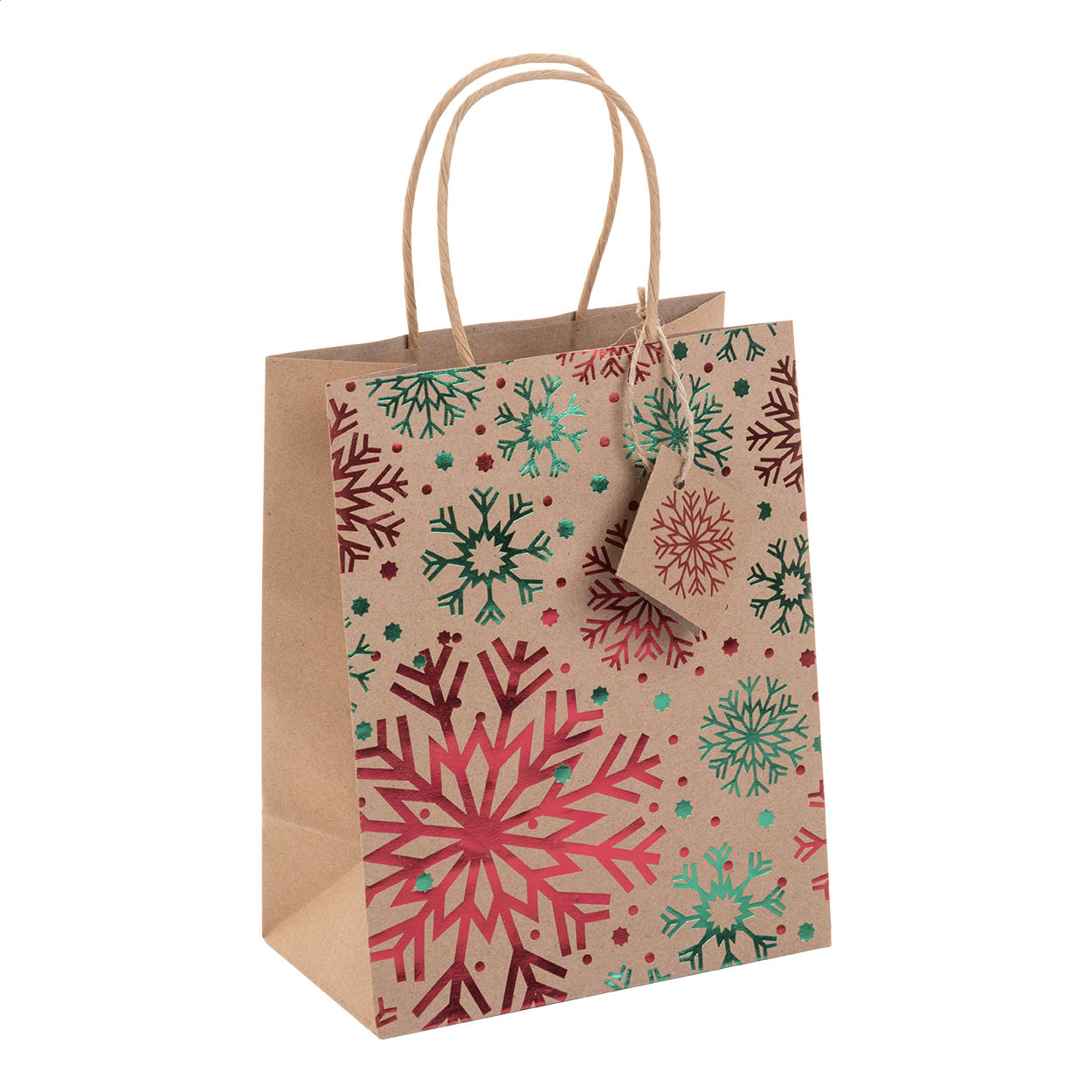 Sacchetto regalo in carta kraft riciclata con disegno natalizio stampato su lamina, manici ritorti ed etichetta regalo — gadget promozionale personalizzabile con il tuo logo