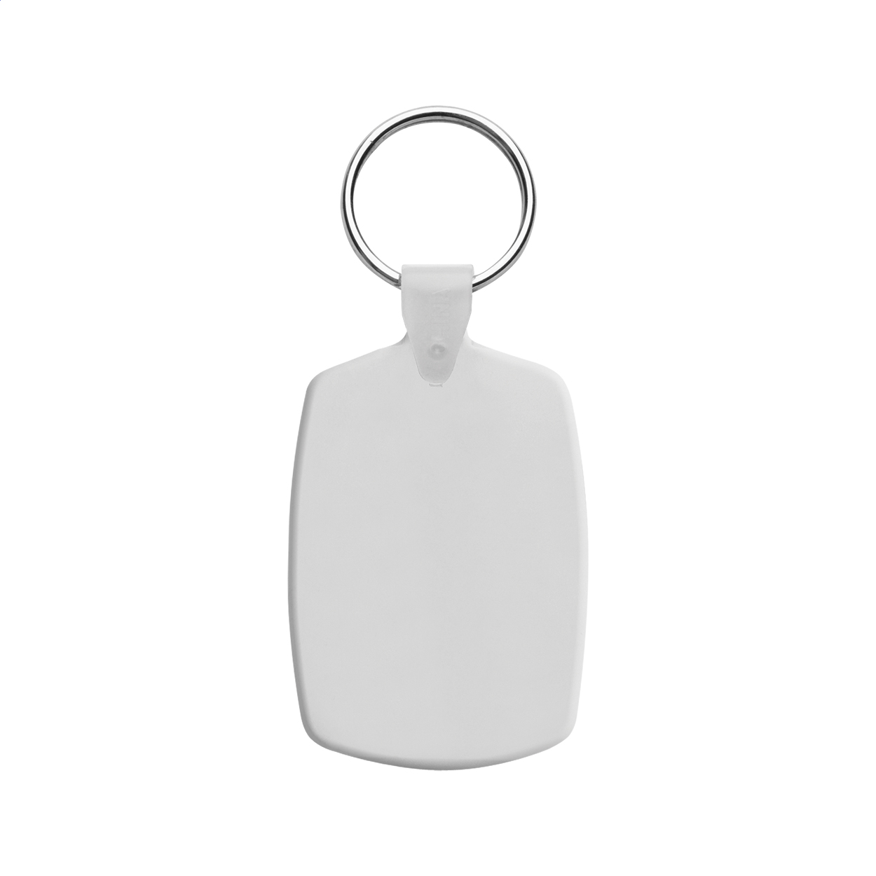 Portachiavi rettangolare in plastica con anello in metallo — gadget promozionale personalizzabile con il tuo logo