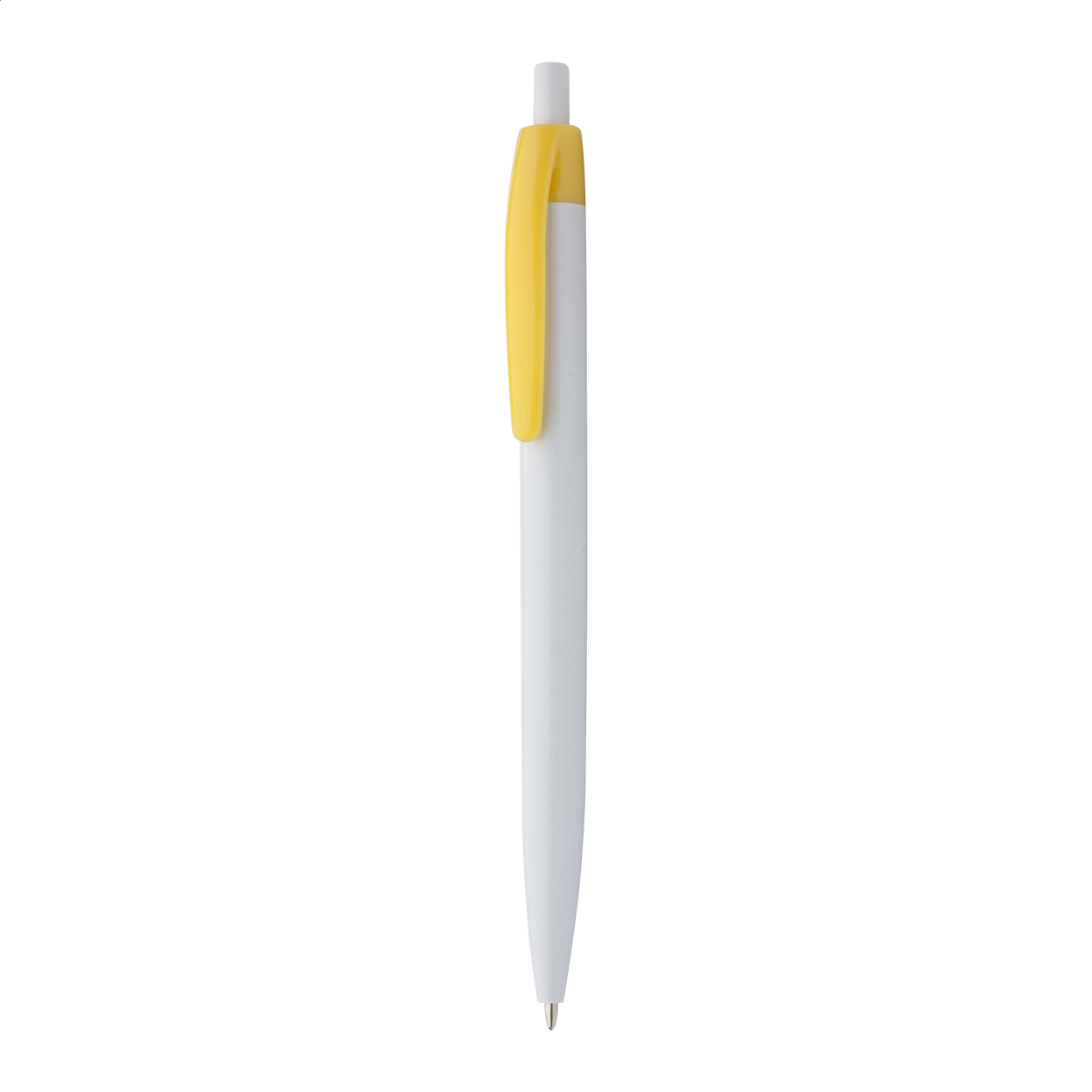 Penna a sfera in plastica con fusto bianco e clip colorata — gadget promozionale personalizzabile con il tuo logo