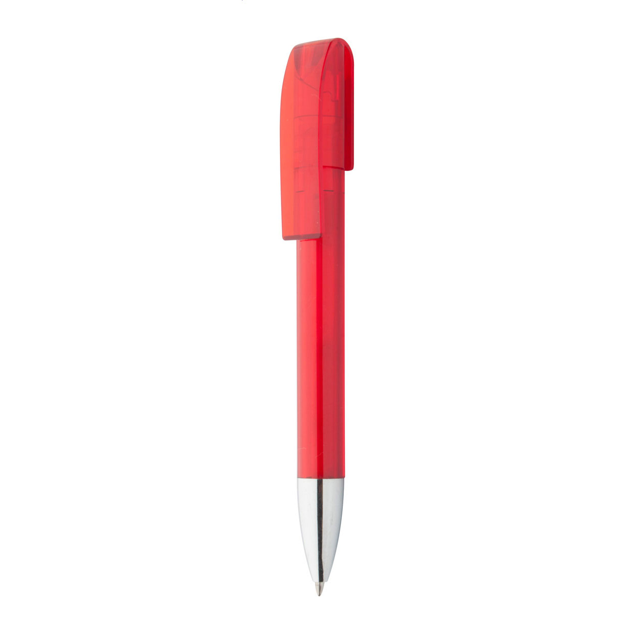 Penna a sfera in plastica di colore trasparente, con puntale cromato e refill blu — gadget promozionale personalizzabile con il tuo logo