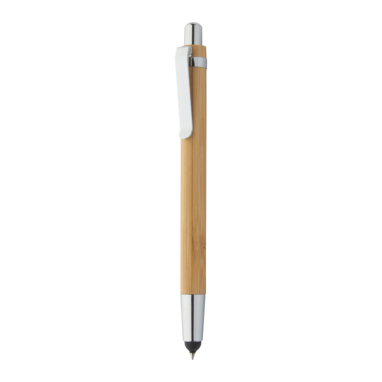 Penna a sfera in bambù con gommino capacitivo per touch screen, clip e punta in metallo — gadget promozionale personalizzabile con il tuo logo