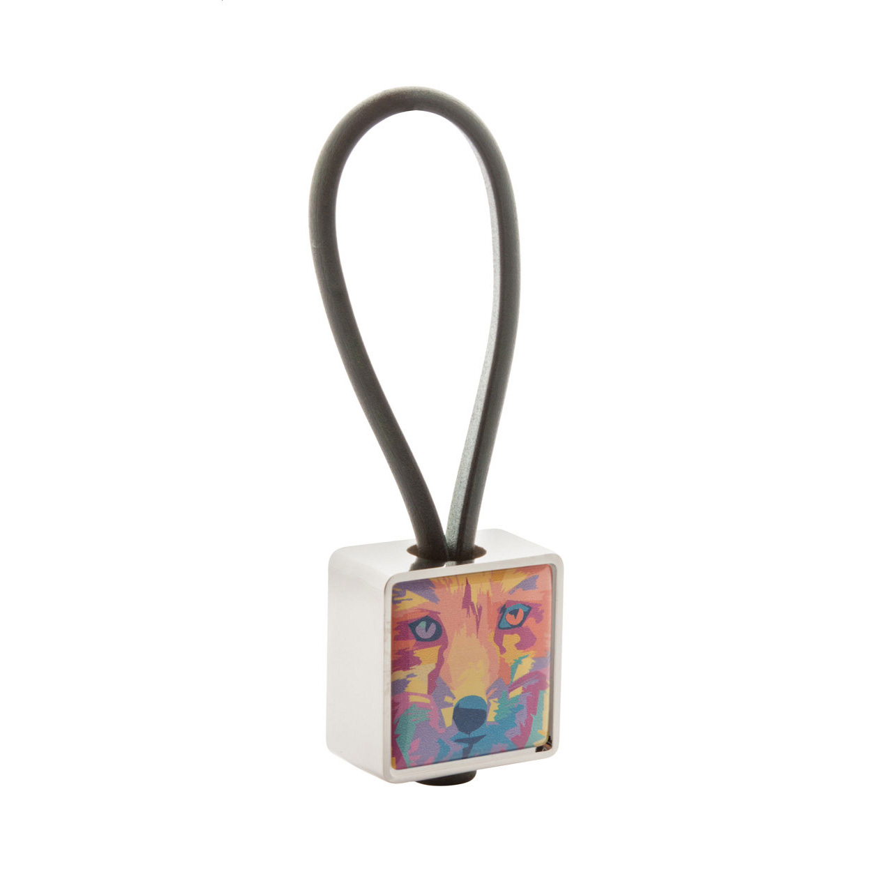 Portachiavi in metallo a forma rotonda con anello in gomma nera e resina epossidica — gadget promozionale personalizzabile con il tuo logo