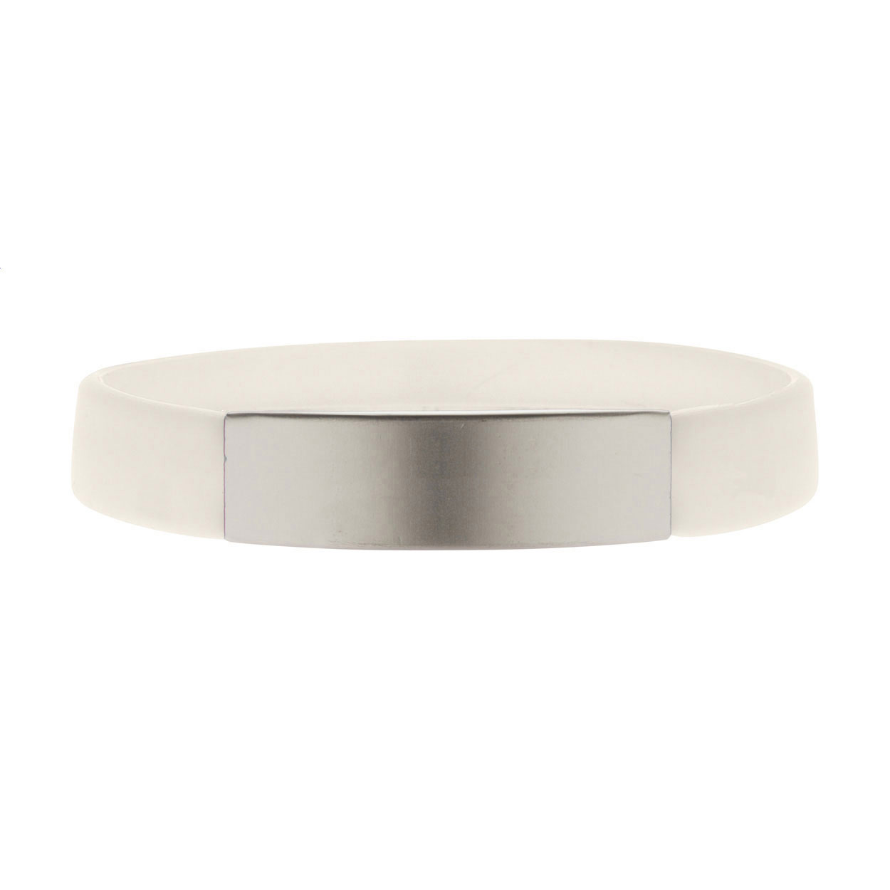 Braccialetto in silicone con piastra in alluminio argentato — gadget promozionale personalizzabile con il tuo logo