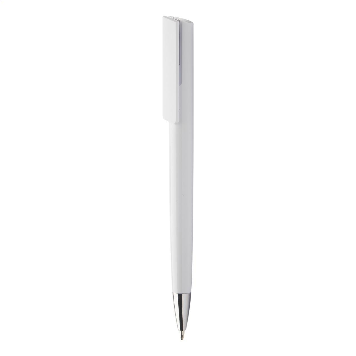 Penna a sfera in plastica con refill blu, punta e terminale cromati — gadget promozionale personalizzabile con il tuo logo