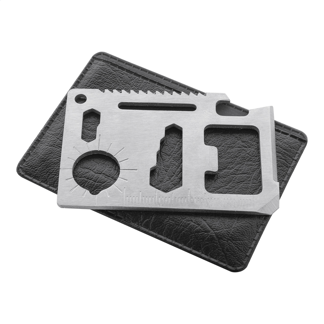 Multiutensile in acciaio inossidabile a forma di carta di credito con 11 funzioni e custodia in pelle PU — gadget promozionale personalizzabile con il tuo logo
