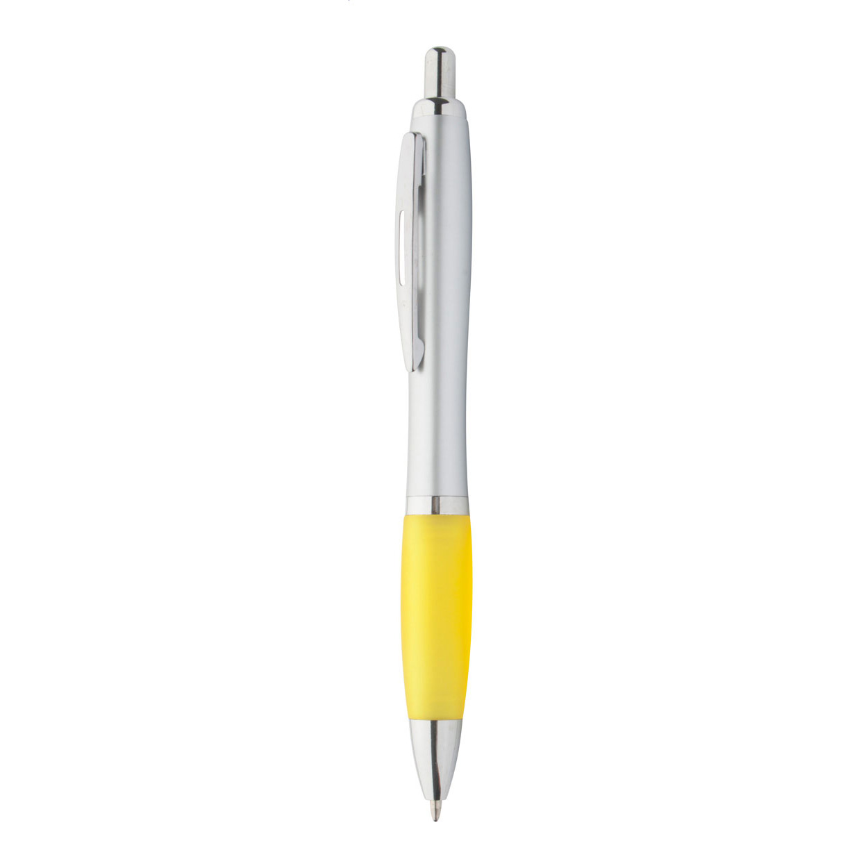 Penna a sfera in plastica con fusto argentato ed impugnatura in gomma colorata — gadget promozionale personalizzabile con il tuo logo