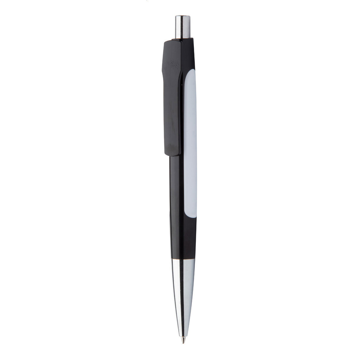 Penna a sfera in plastica con dettagli cromati e grande superficie di stampa sul fusto — gadget promozionale personalizzabile con il tuo logo