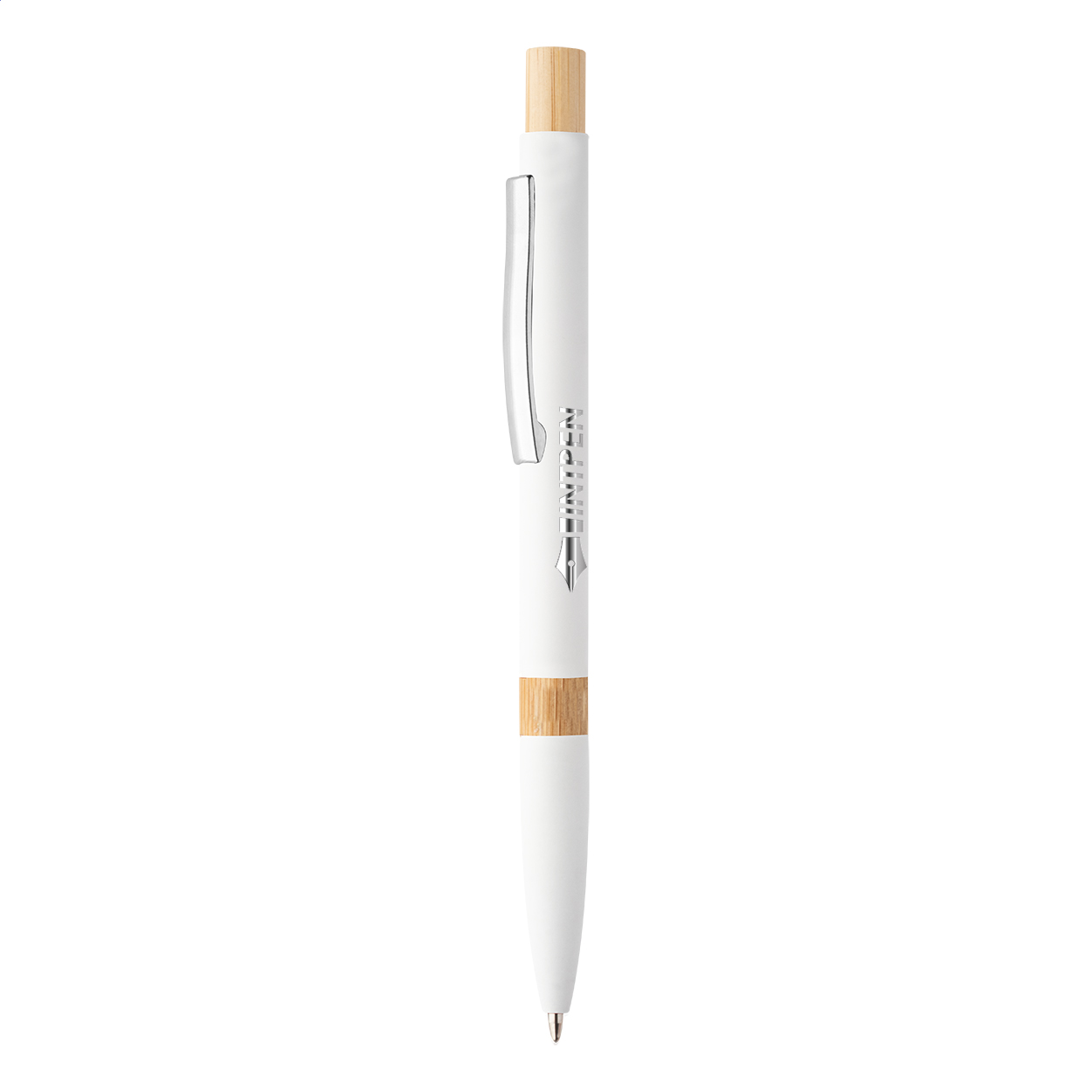 Penna a sfera in alluminio riciclato con parti in bambù, clip cromata, refill blu e rivestimento gommato speciale per incisione laser a specchio — gadget promozionale personalizzabile con il tuo logo