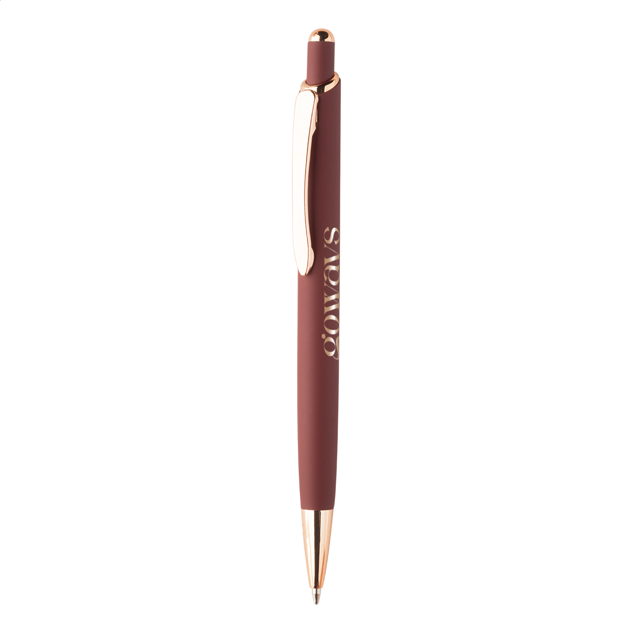 Penna a sfera in alluminio, dettagli in color oro rosa, refill blu e rivestimento gommato speciale per incisione laser a specchio in colore oro rosa — gadget promozionale personalizzabile con il tuo logo