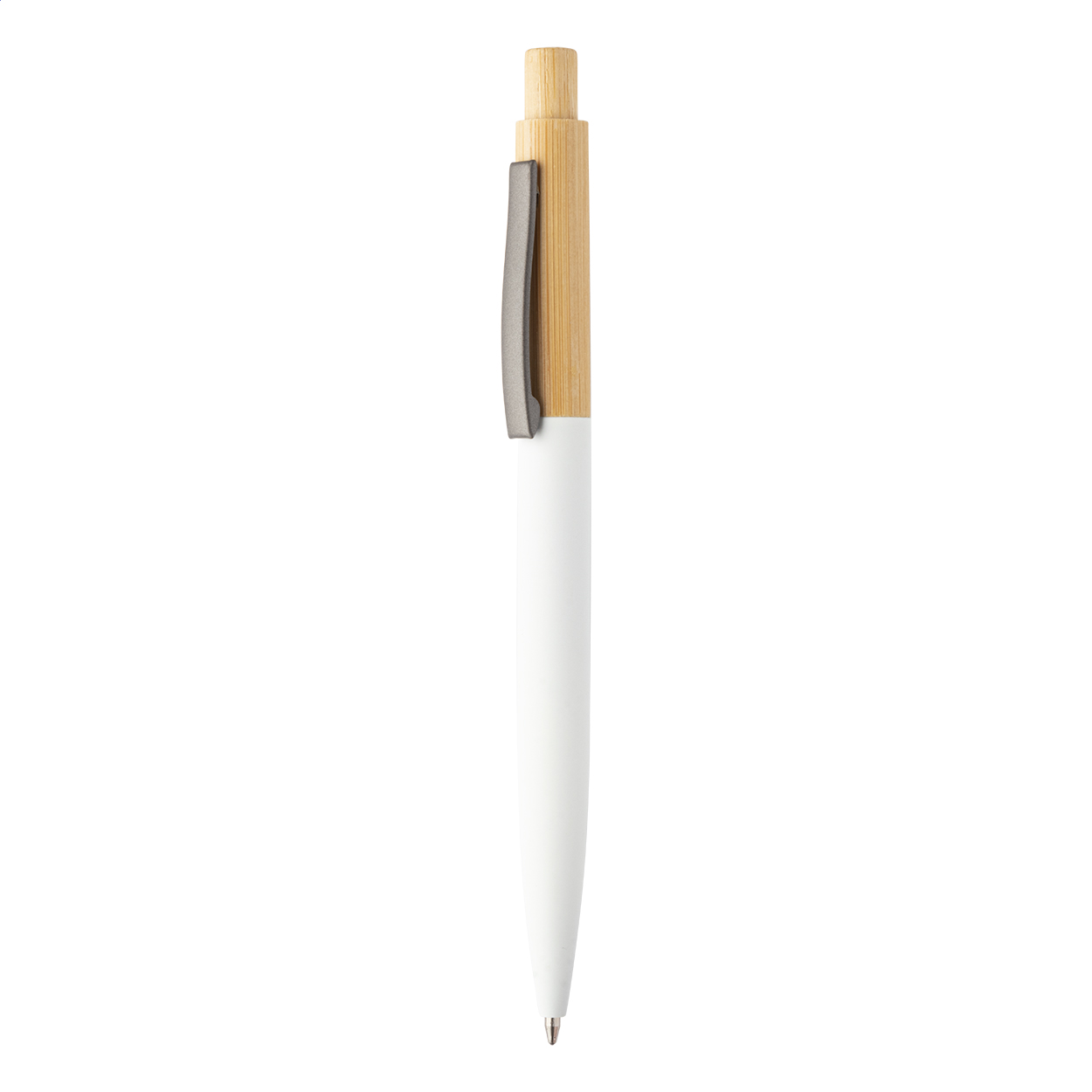 Penna a sfera in bambù e alluminio riciclato con finitura gommata, clip color canna di fucile e refill blu — gadget promozionale personalizzabile con il tuo logo
