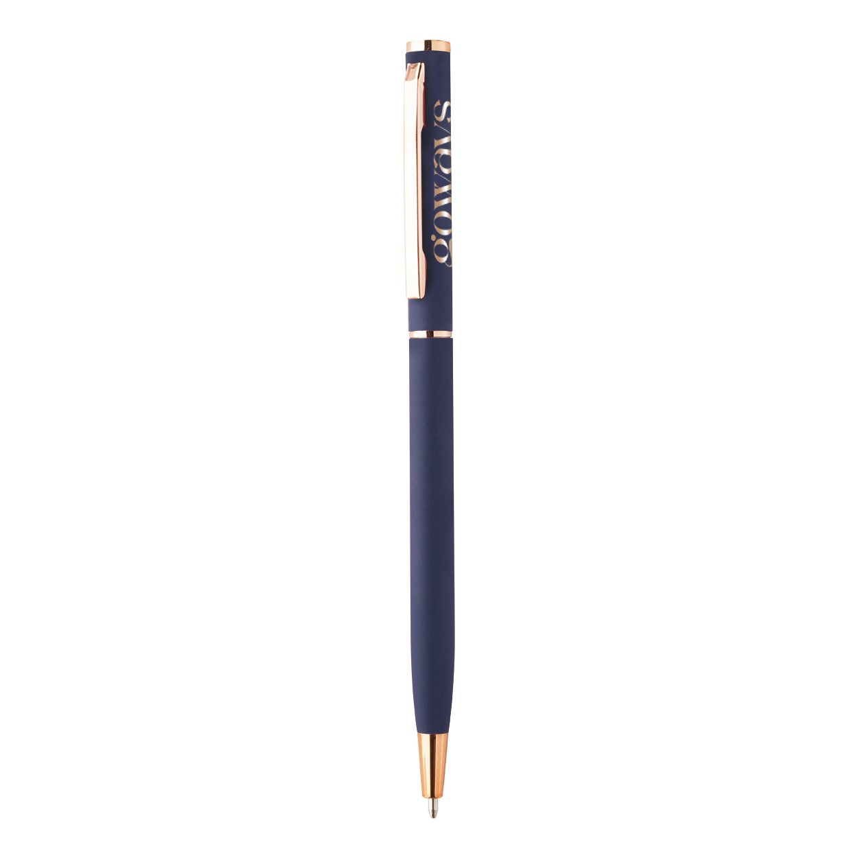 Penna a sfera in alluminio riciclato con meccanismo a rotazione, dettagli in color oro rosa, refill blu e rivestimento gommato speciale per incisione laser a specchio in colore oro rosa — gadget promozionale personalizzabile con il tuo logo