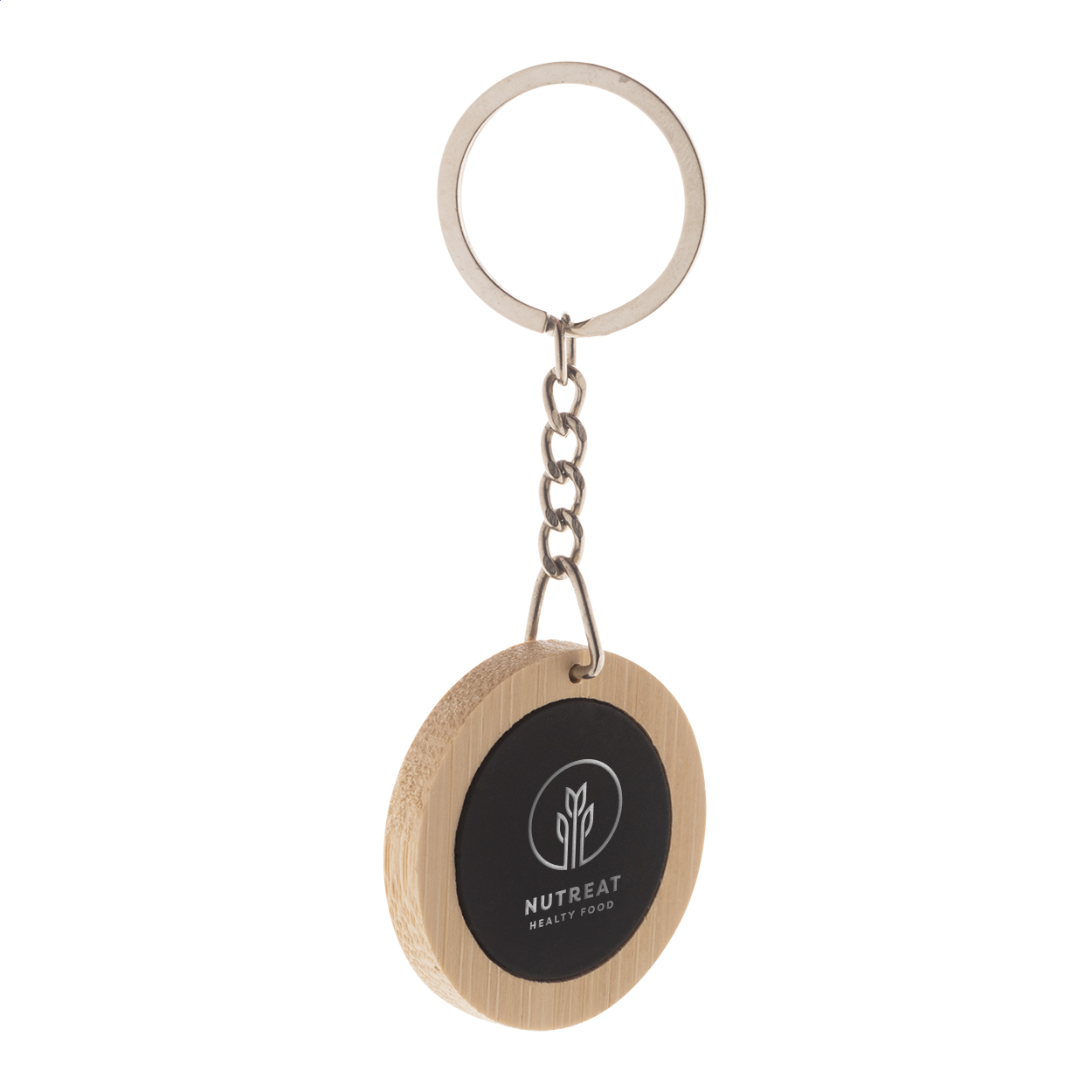 Portachiavi in bambù con piastra in acciaio inox dal rivestimento gommato speciale per incisione laser a specchio ed anello in metallo — gadget promozionale personalizzabile con il tuo logo