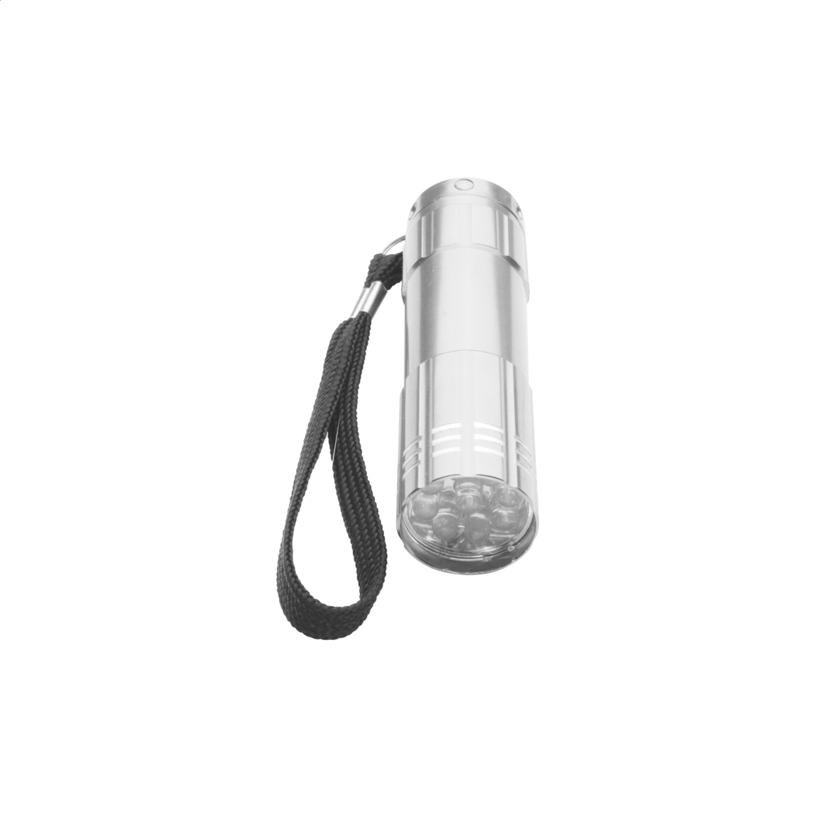 Torcia in alluminio a 9 LED con tracolla — gadget promozionale personalizzabile con il tuo logo