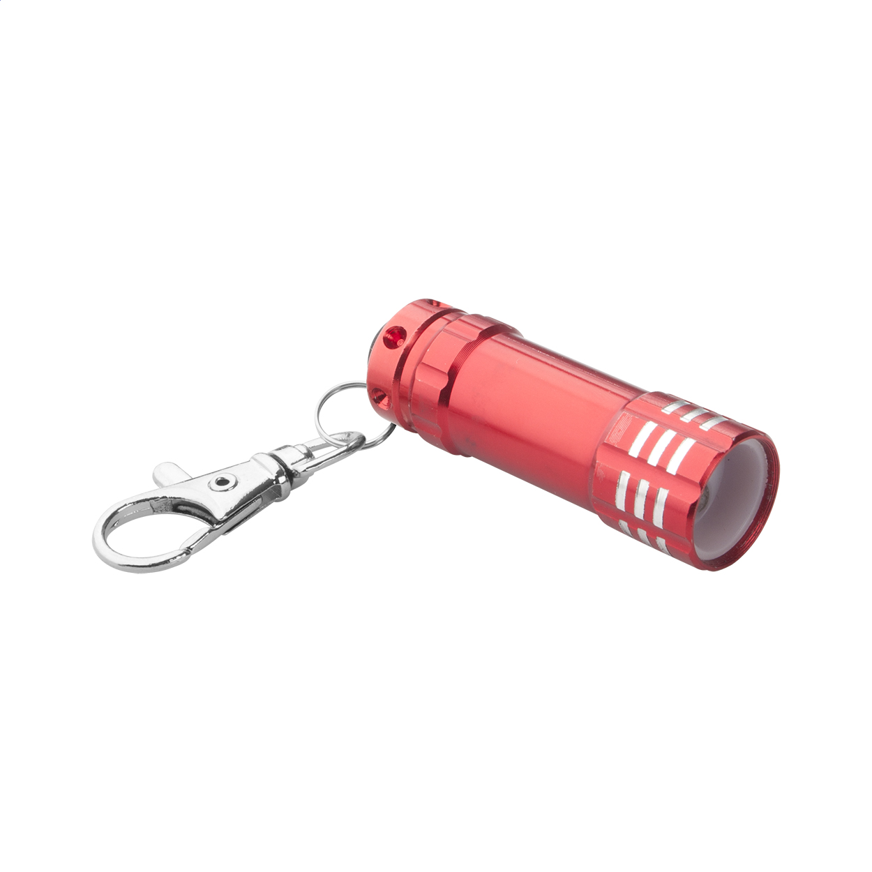 Mini torcia in alluminio con 3 LED e moschettone — gadget promozionale personalizzabile con il tuo logo