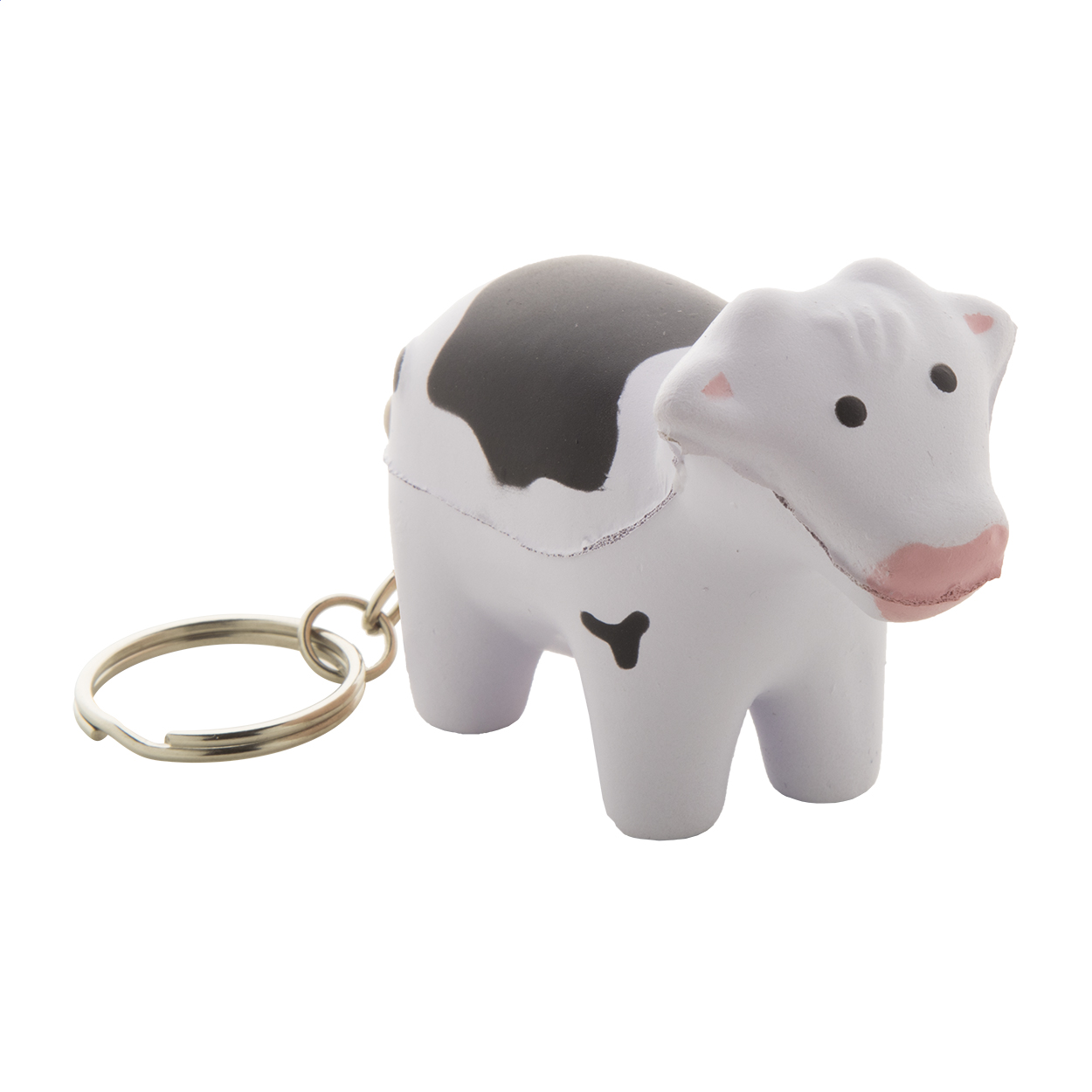 Portachiavi antistress a forma di mucca — gadget promozionale personalizzabile con il tuo logo