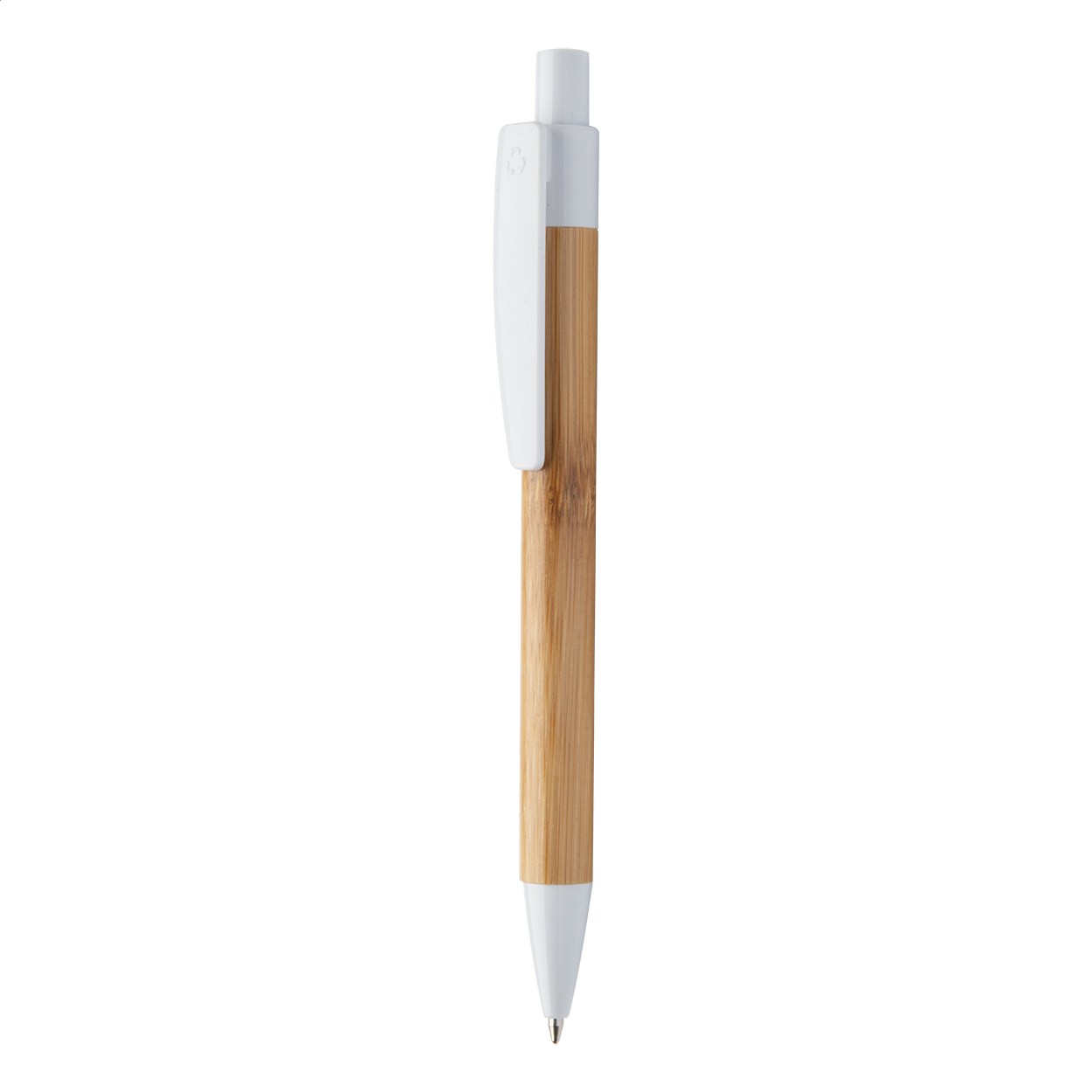 Penna a sfera in bambù con clip e puntale in plastica colorata — gadget promozionale personalizzabile con il tuo logo