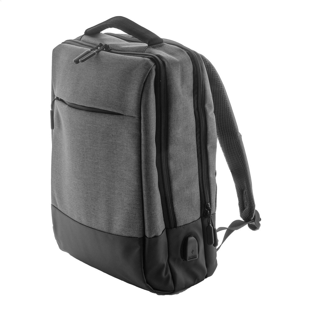 Zaino bicolore con scomparti multipli e zip, tasche interne per organizer, scomparto imbottito per laptop (17"), schienale e spallacci ergonomici — gadget promozionale personalizzabile con il tuo logo