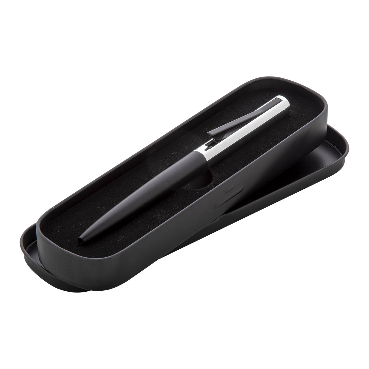Penna a sfera in alluminio con particolare movimento della clip, confezionata in scatola di metallo coordinata Con refill blu — gadget promozionale personalizzabile con il tuo logo