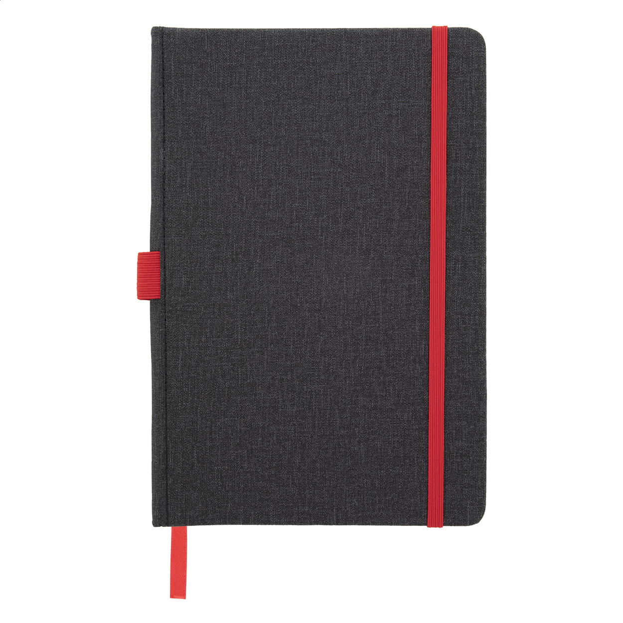 Quaderno con copertina in pelle PU testurizzata, segnalibro, elastico e portapenne in colore coordinato — gadget promozionale personalizzabile con il tuo logo