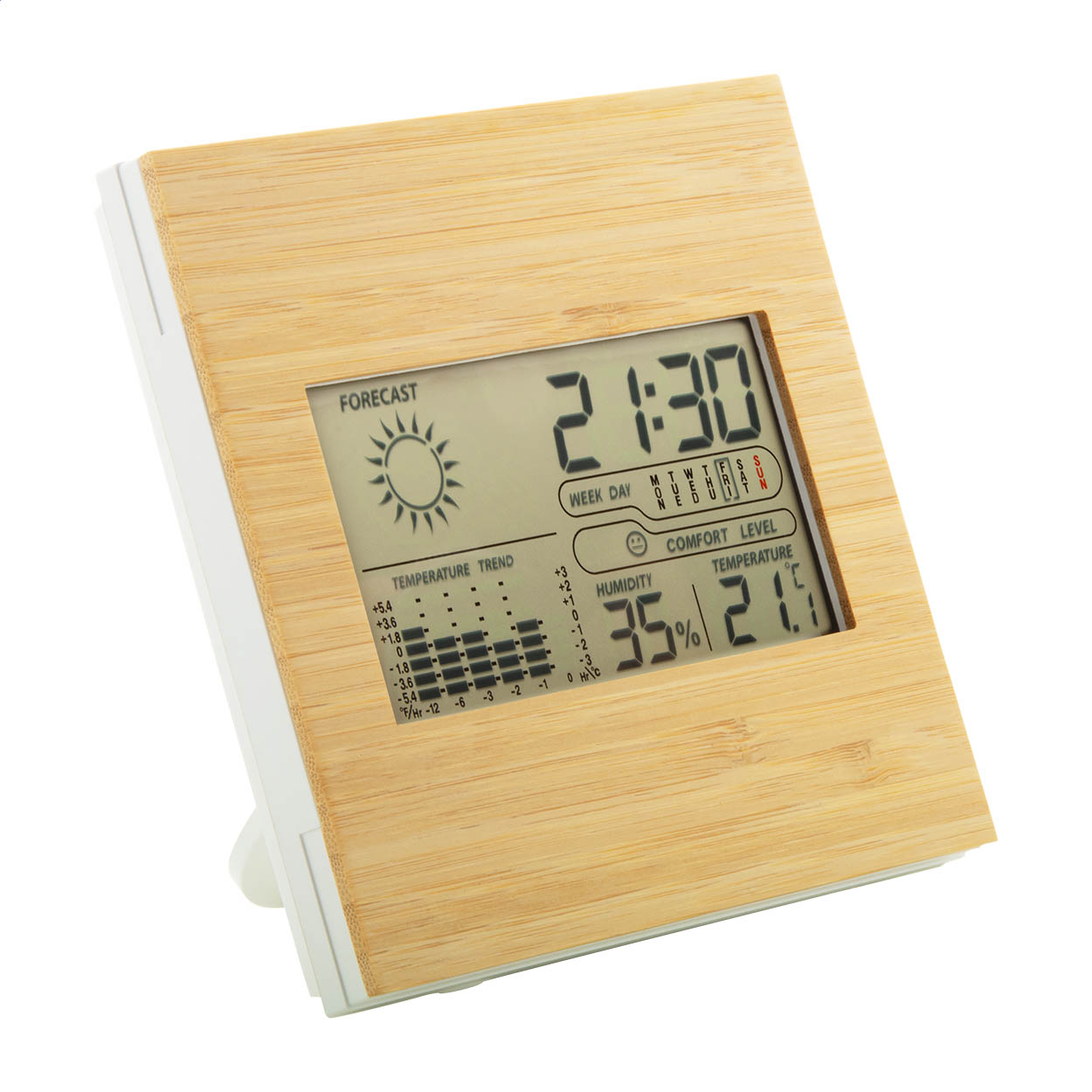 Stazione meteorologica e orologio digitale con pannello frontale in bambù — gadget promozionale personalizzabile con il tuo logo