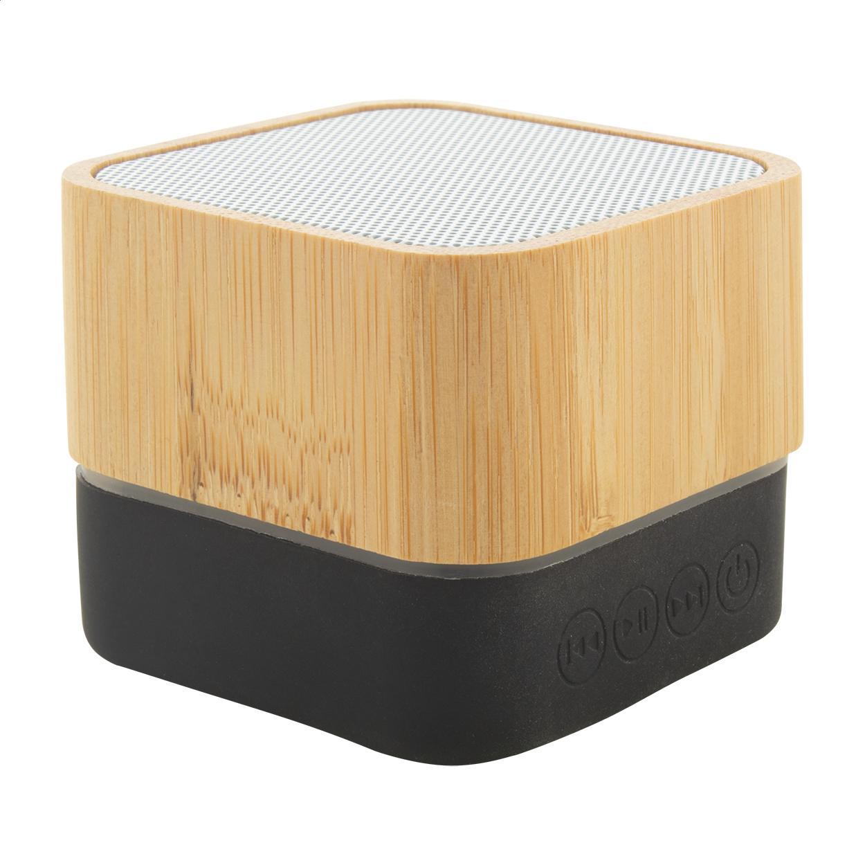 Cassa wireless in involucro di bambù con parte inferiore in gomma e batteria ricaricabile integrata — gadget promozionale personalizzabile con il tuo logo