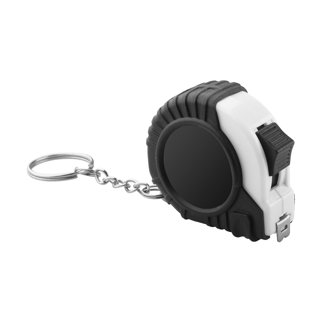 Flessometro in plastica con funzione di blocco, con clip in metallo e anello portachiavi; lunghezza: 2mt — gadget promozionale personalizzabile con il tuo logo