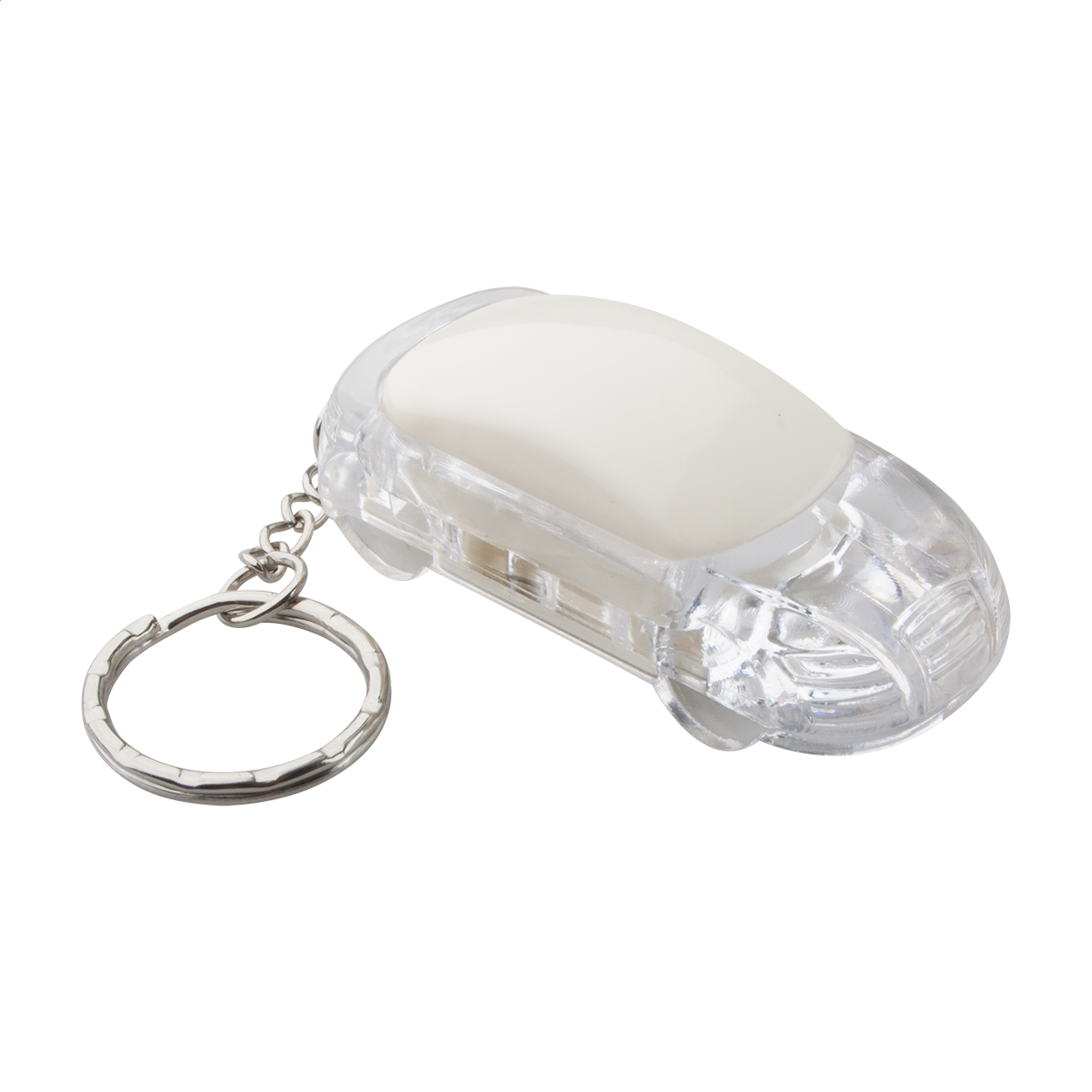 Portachiavi in plastica a forma di auto con luce LED bianca e anello portachiavi in metallo — gadget promozionale personalizzabile con il tuo logo