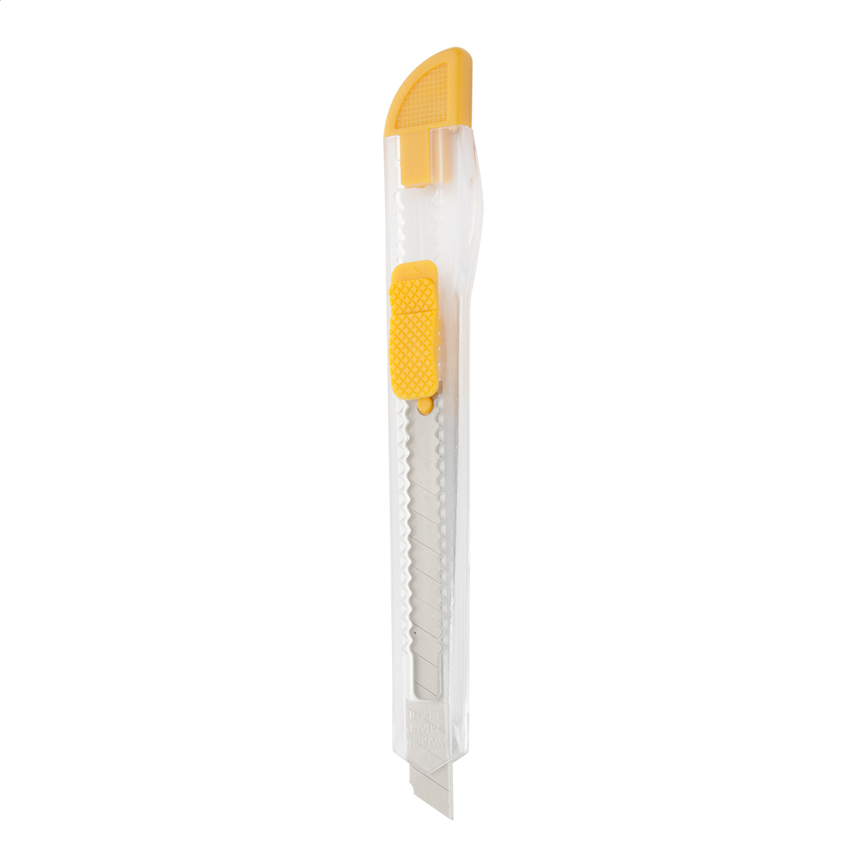 Taglierino in acciaio inox, corpo in plastica trasparente — gadget promozionale personalizzabile con il tuo logo