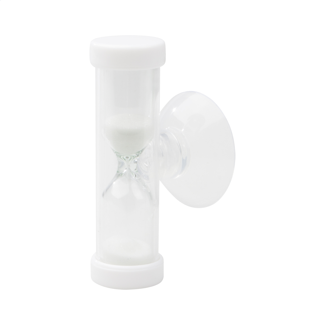 Clessidra in plastica da 3 minuti con tappo e sabbia in colore coordinato e supporto a ventosa — gadget promozionale personalizzabile con il tuo logo