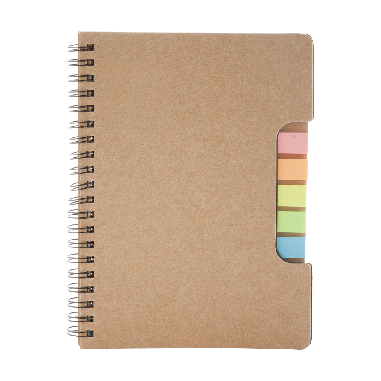 Quaderno a spirale con 60 fogli a righe, copertina in carta riciclata e note adesive (5 × 25 pezzi) — gadget promozionale personalizzabile con il tuo logo