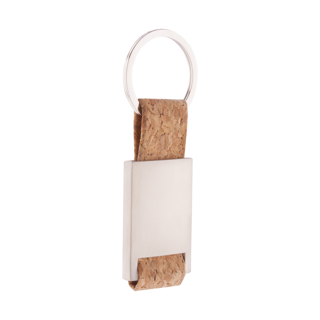 Portachiavi rettangolare in metallo con fascetta in sughero naturale e anello in metallo — gadget promozionale personalizzabile con il tuo logo