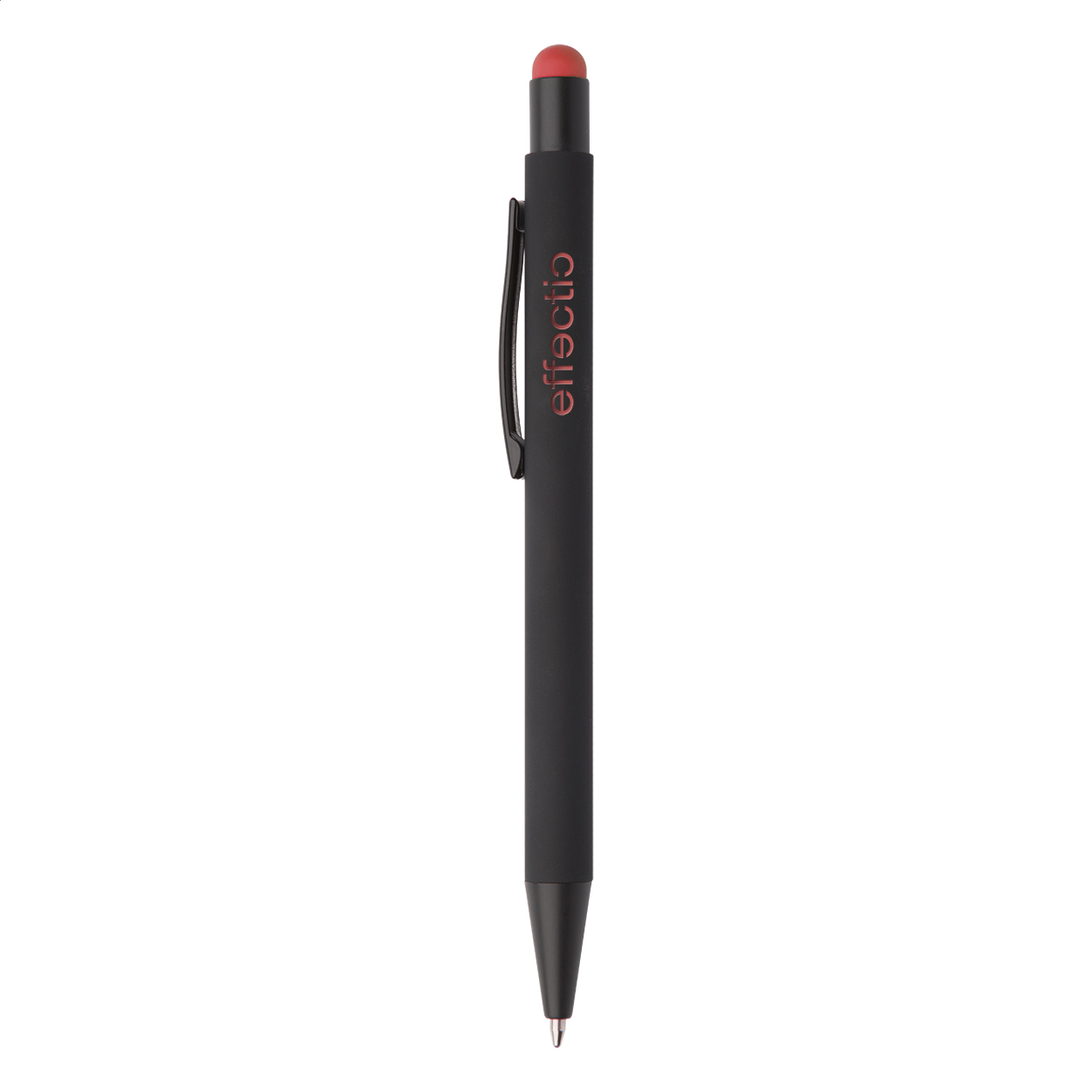 Penna a sfera in alluminio con gommino capacitivo e finitura gommata — gadget promozionale personalizzabile con il tuo logo