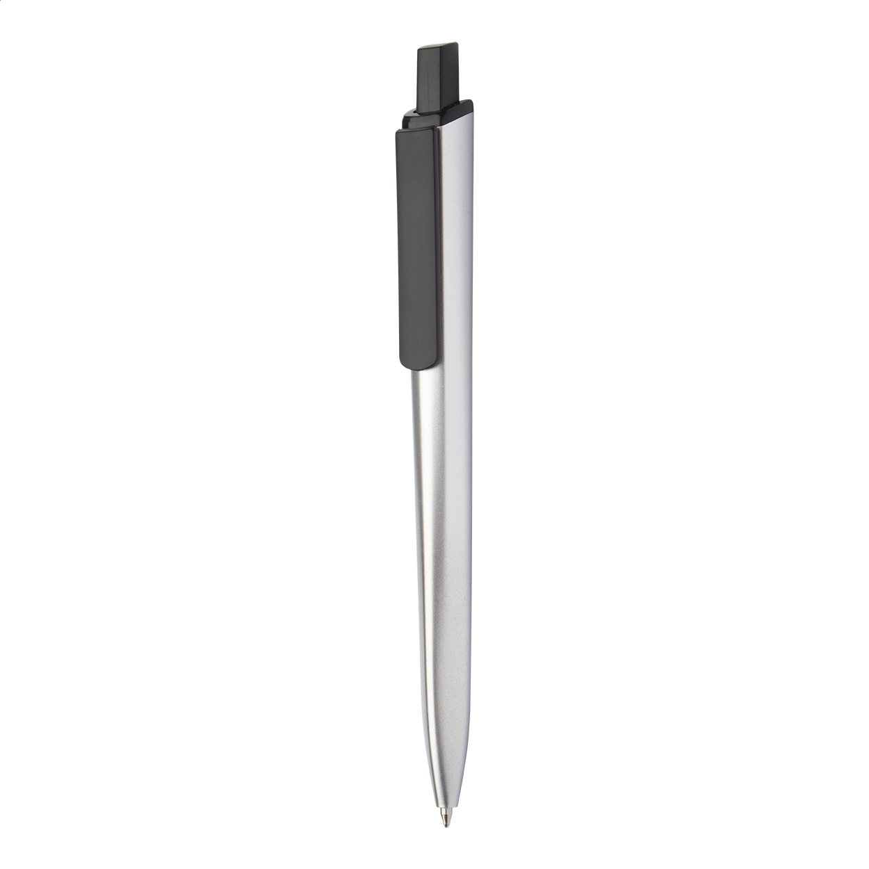 Penna a sfera in plastica con particolari neri e finitura opaca metallizzata — gadget promozionale personalizzabile con il tuo logo