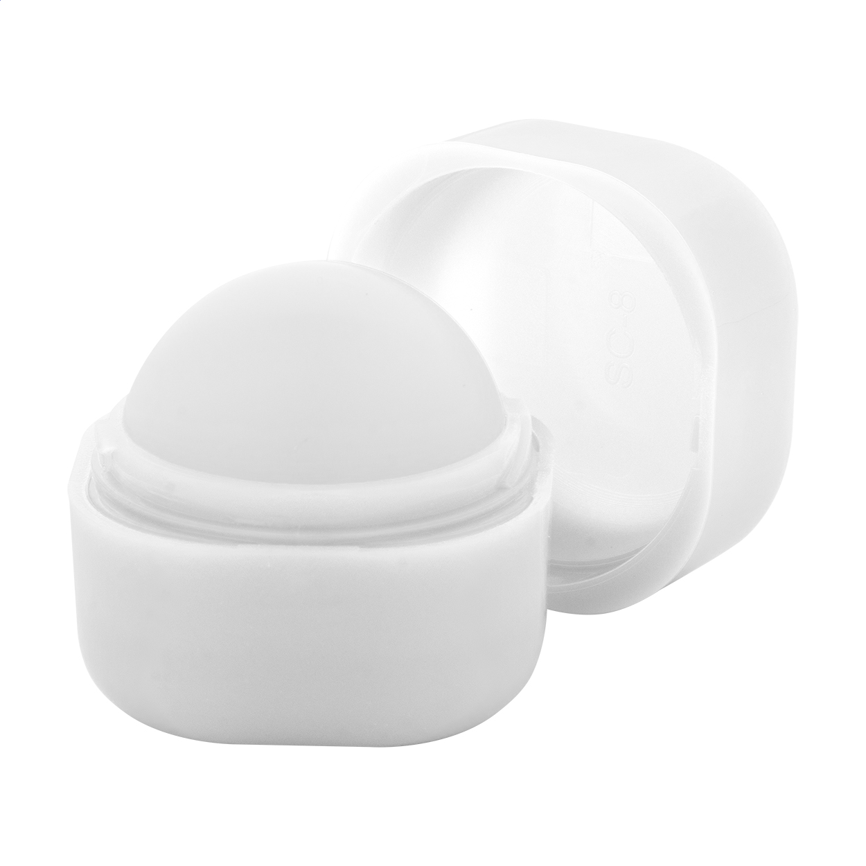 Balsamo labbra alla vaniglia in un contenitore in ABS riciclato a forma di cubo, con protezione SPF15 — gadget promozionale personalizzabile con il tuo logo