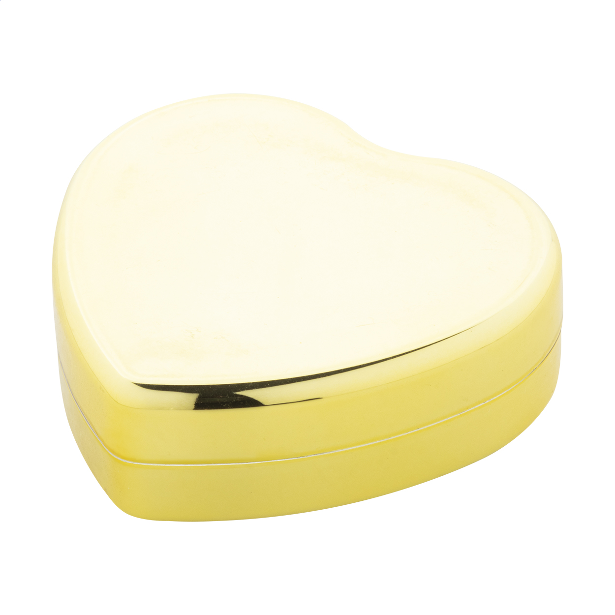 Balsamo labbra alla vaniglia in un contenitore in ABS riciclato a forma di cuore di colore metallizzato, con protezione SPF15 — gadget promozionale personalizzabile con il tuo logo
