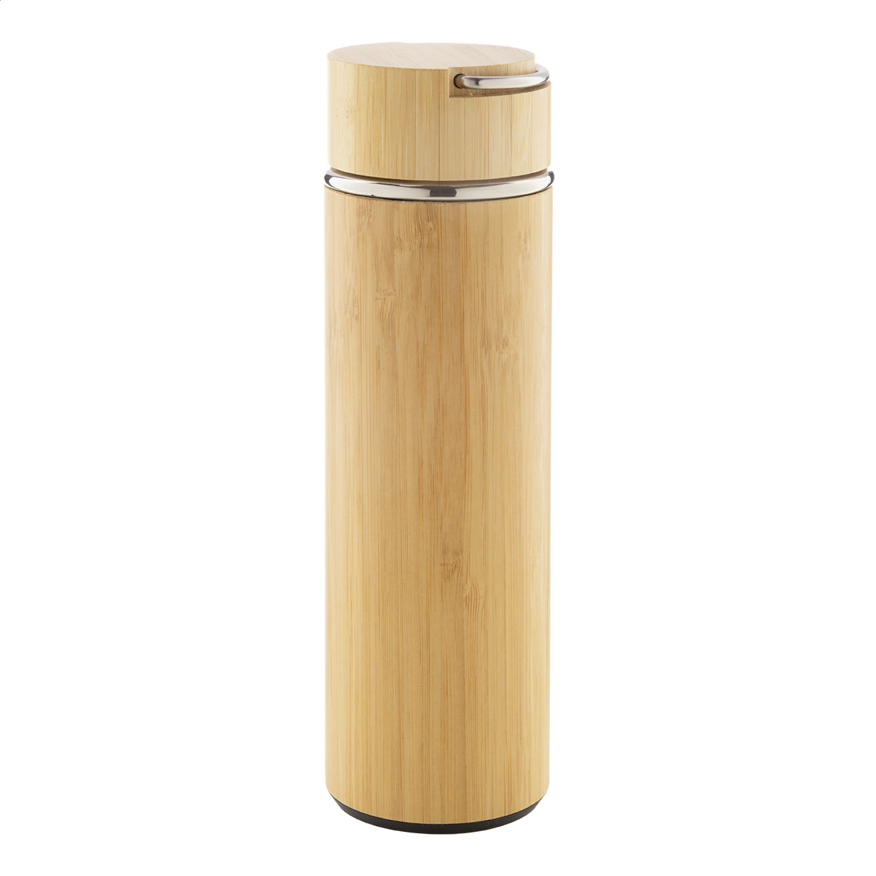 Thermos in acciaio inox doppia parete e bambù, con infusore per il the e coperchio — gadget promozionale personalizzabile con il tuo logo