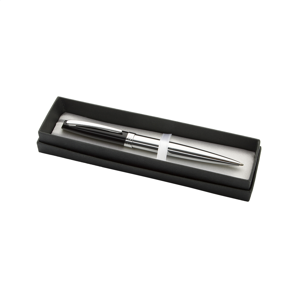 Penna a sfera in metallo con cappuccio nero laccato, corpo cromato lucido e clip — gadget promozionale personalizzabile con il tuo logo