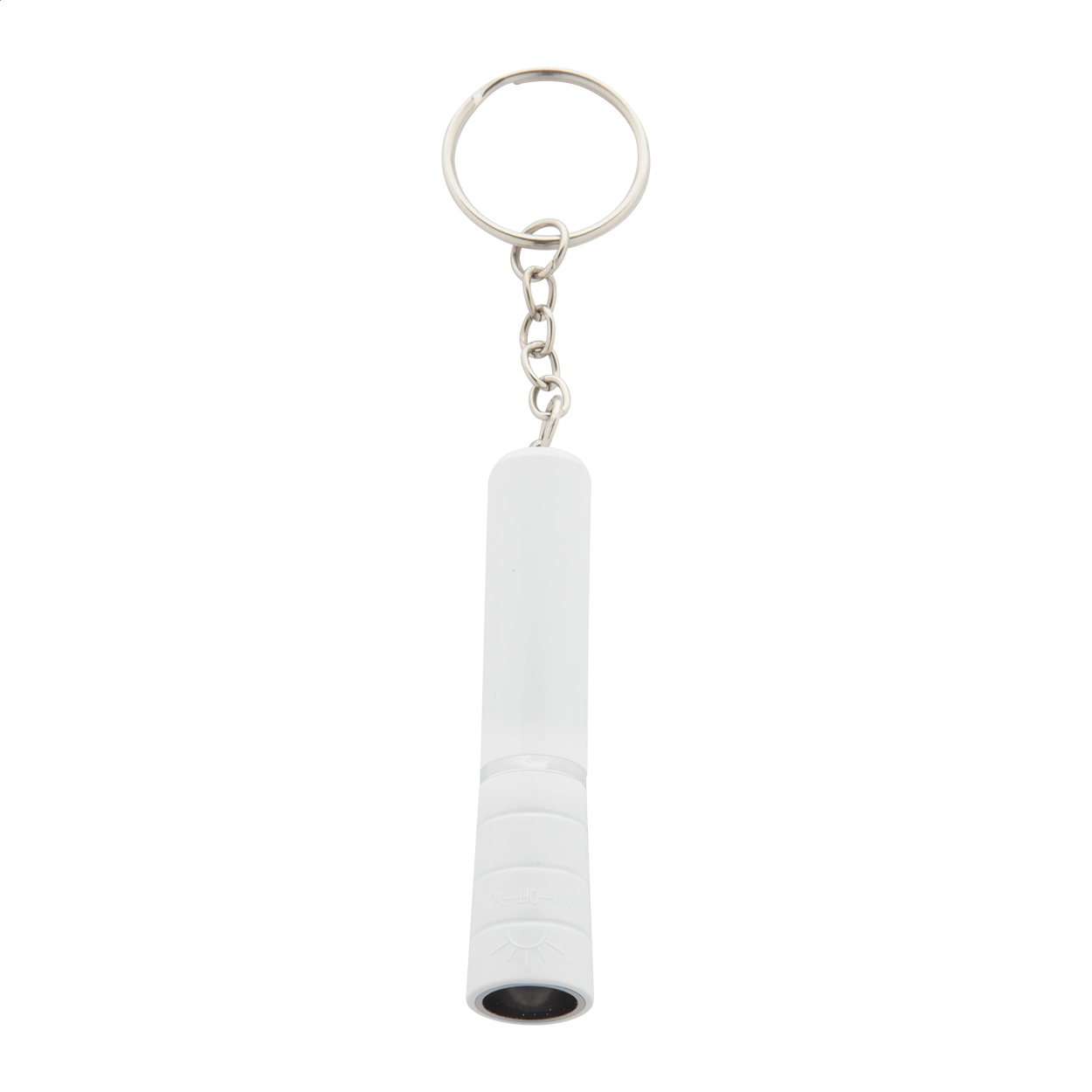 Mini torcia in plastica con 1 LED e portachiavi in metallo — gadget promozionale personalizzabile con il tuo logo